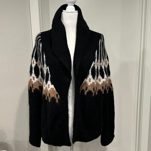 Banana Republic Fair Isles Black and Tan Patterned Alpaca Cardigan Sz L - Picture 4 of 10